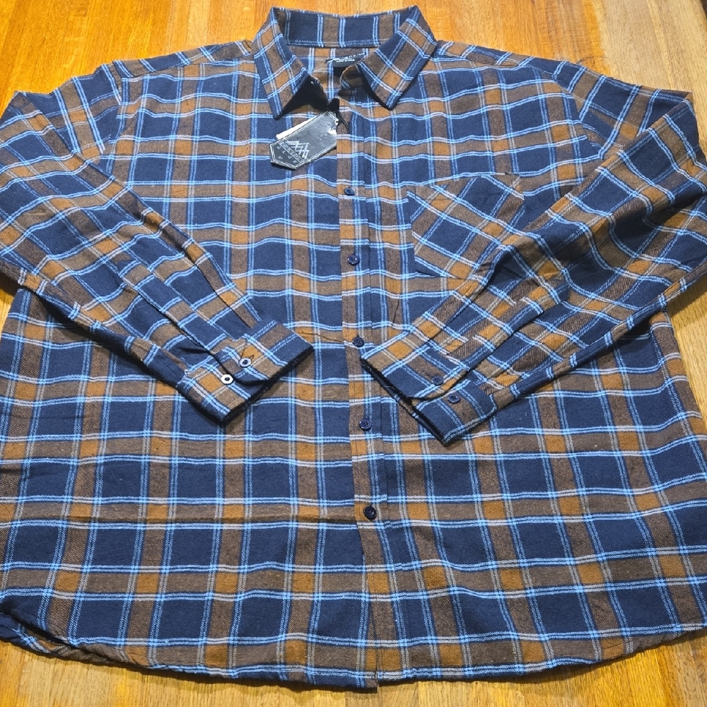 Canyon Club Men 3X Blue Brown Plaid Flannel Button-Down Long Sleeve Collar Shirt